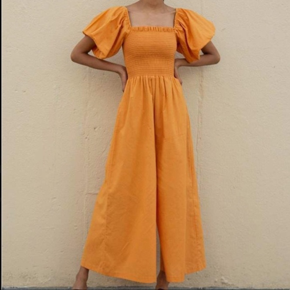 Pixie Market Puff Sleeve Smocked Wide Leg Linen Jumpsuit